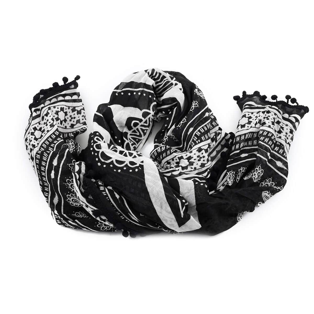 Black and White Pattern Scarf with Pom Pom Trim image number 5