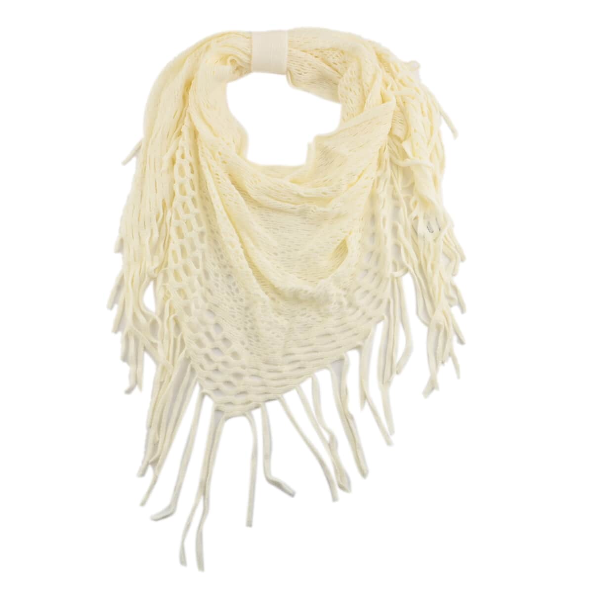 Ivory Diamond Knit Scarf with Pom Pom Trim and Hanger image number 0