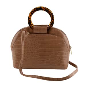 Taupe Crocodile Embossed Faux Leather Handbag with Crossbody Strap