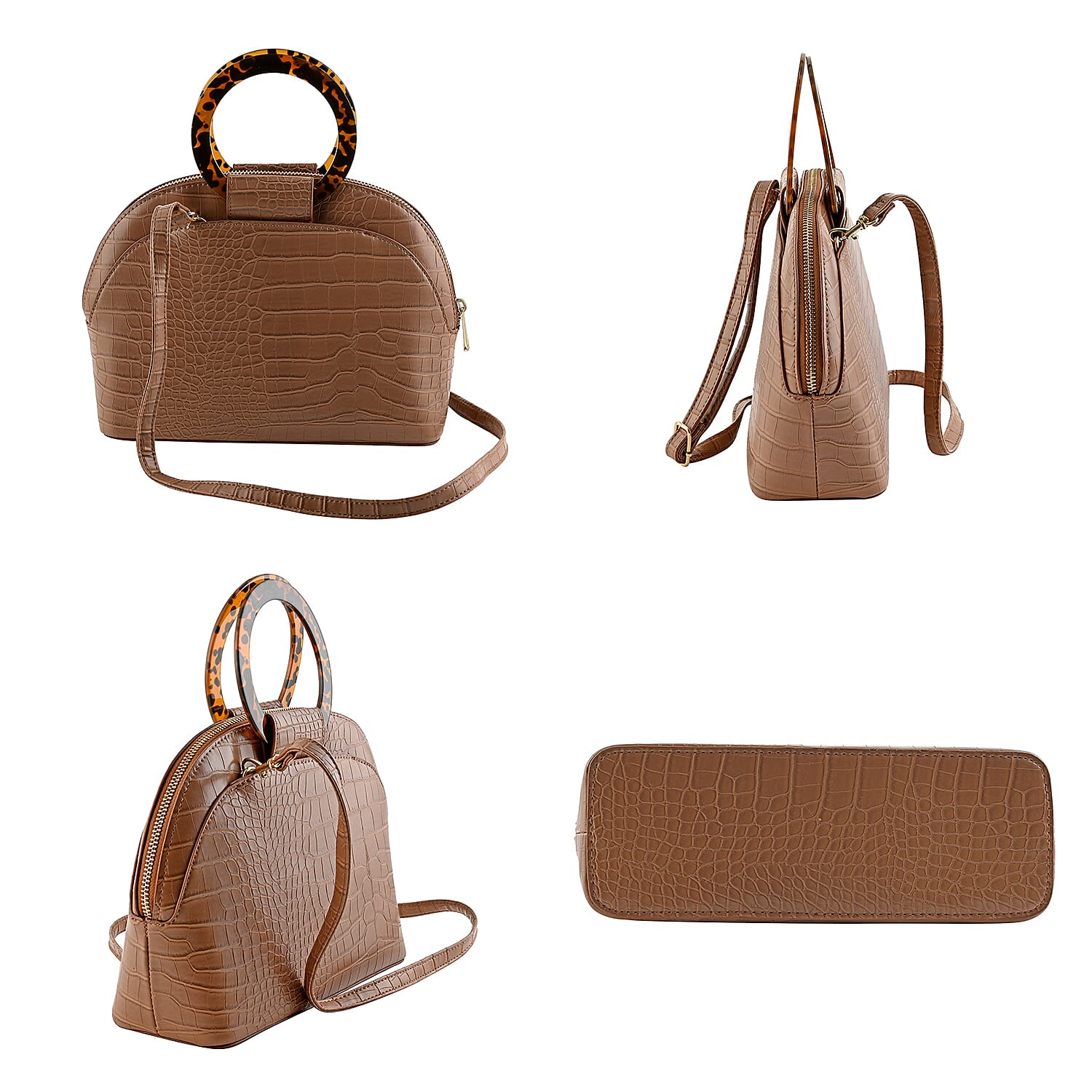Taupe Crocodile Embossed Faux Leather Handbag with Crossbody Strap