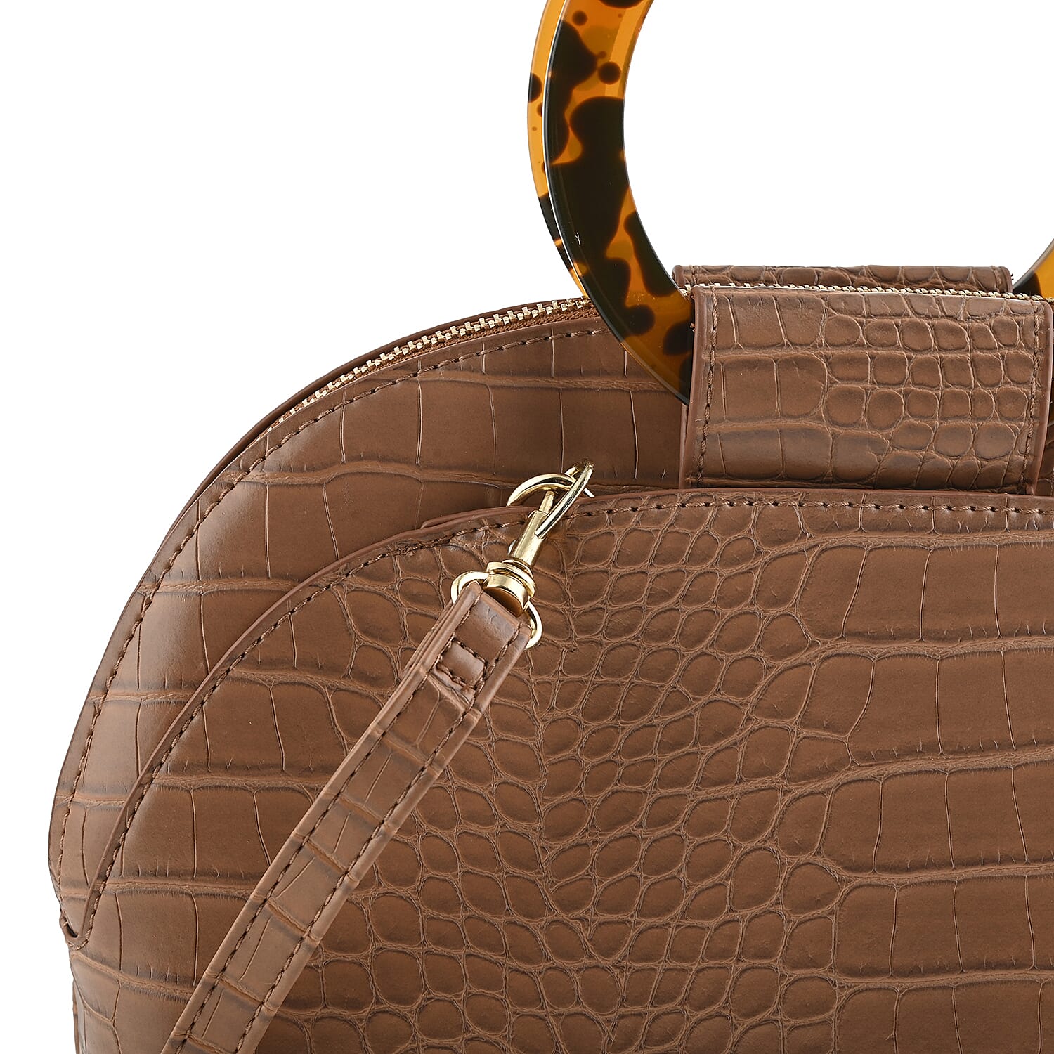 Taupe Crocodile Embossed Faux Leather Handbag with Crossbody Strap