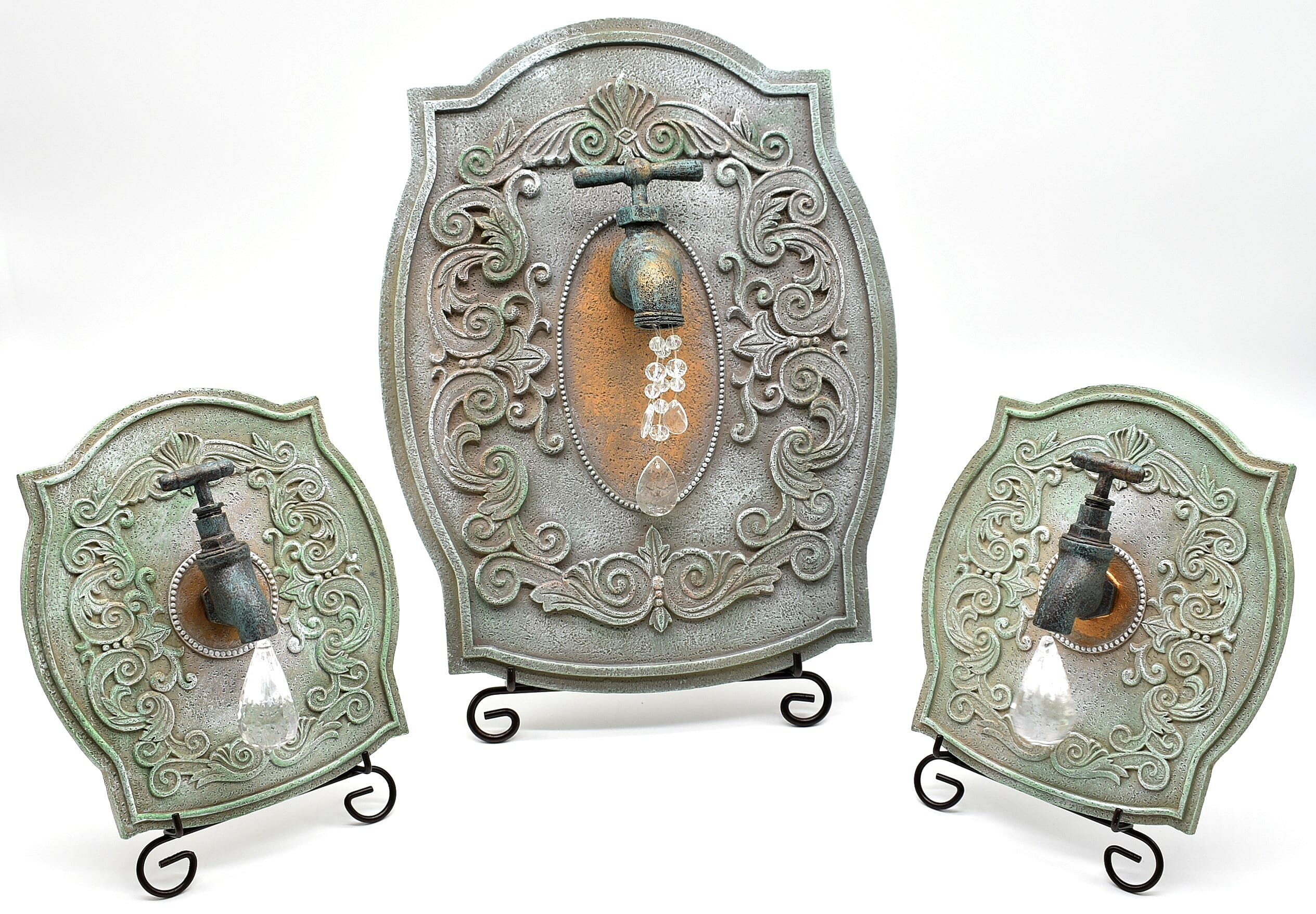 Closeout Set of 3 Green Resin Plaque, Wall, Faucet with Stands