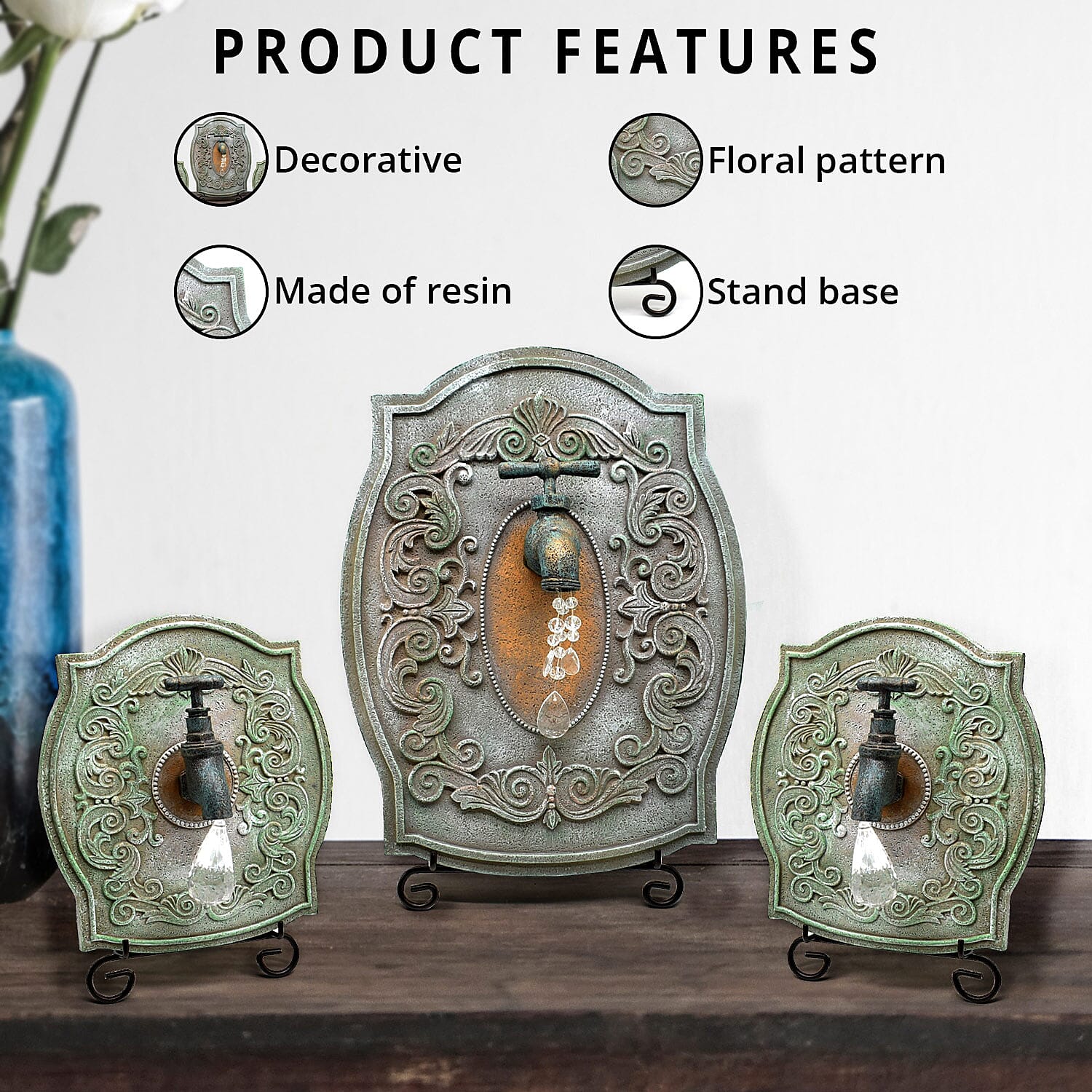 Closeout Set of 3 Green Resin Plaque, Wall, Faucet with Stands