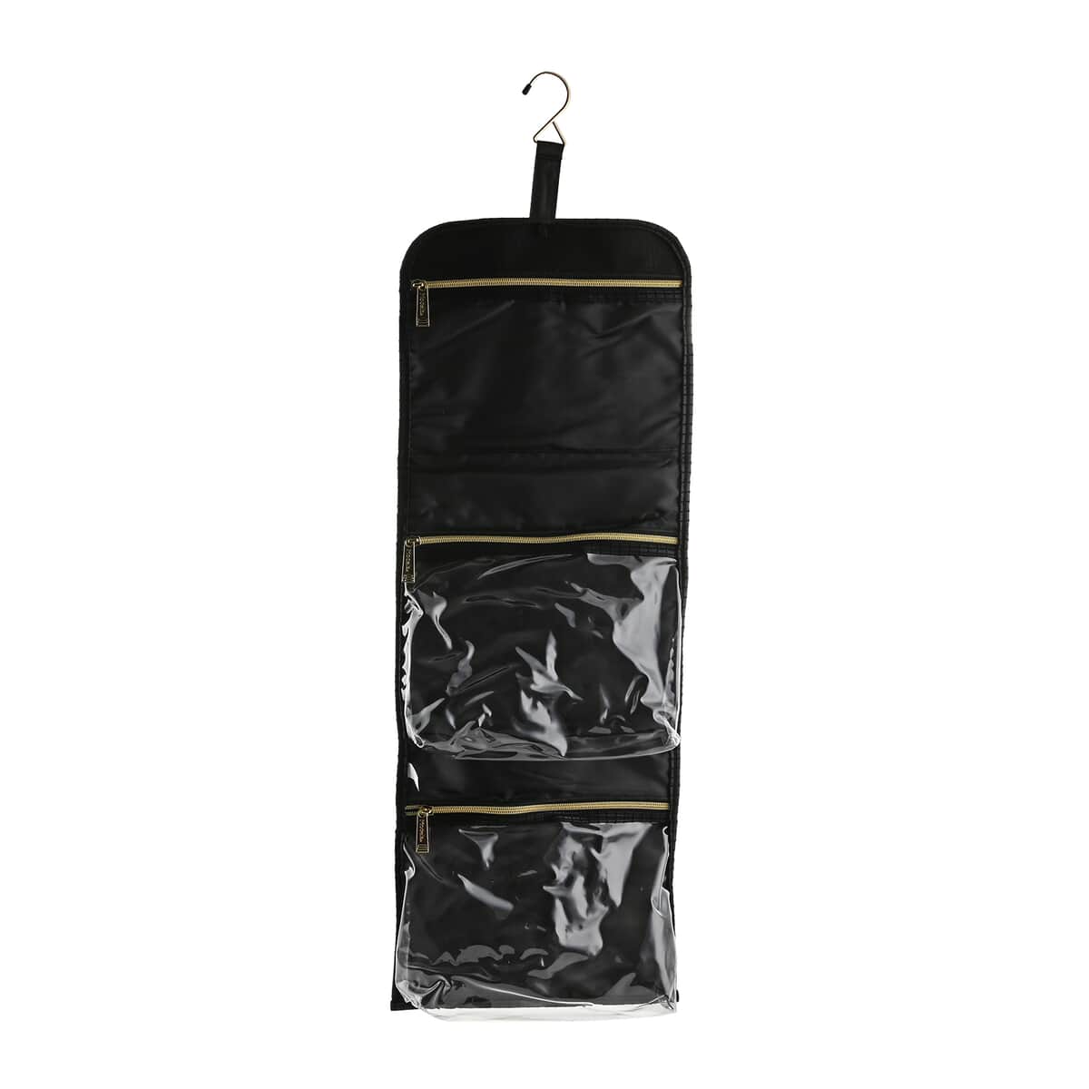 Tall Black Faux Leather & Nylon Hanging Travel Beauty Organizer image number 0