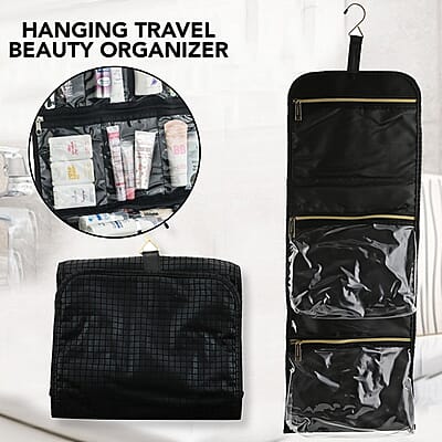 Tall Black Faux Leather & Nylon Hanging Travel Beauty Organizer