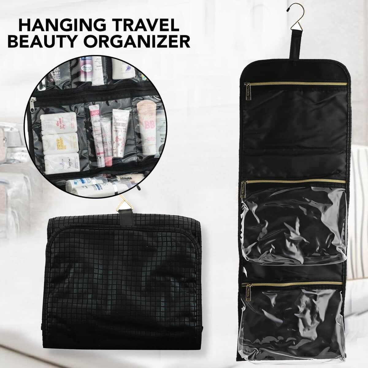 Tall Black Faux Leather & Nylon Hanging Travel Beauty Organizer image number 1