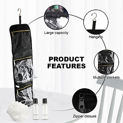 Tall Black Faux Leather & Nylon Hanging Travel Beauty Organizer