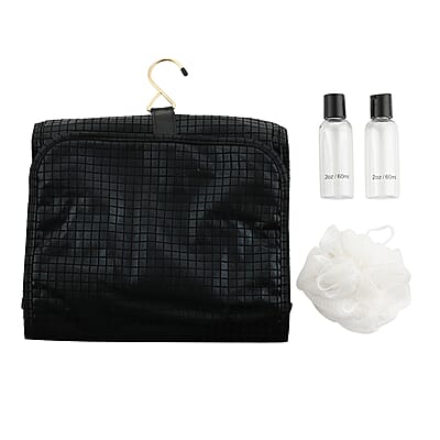 Tall Black Faux Leather & Nylon Hanging Travel Beauty Organizer