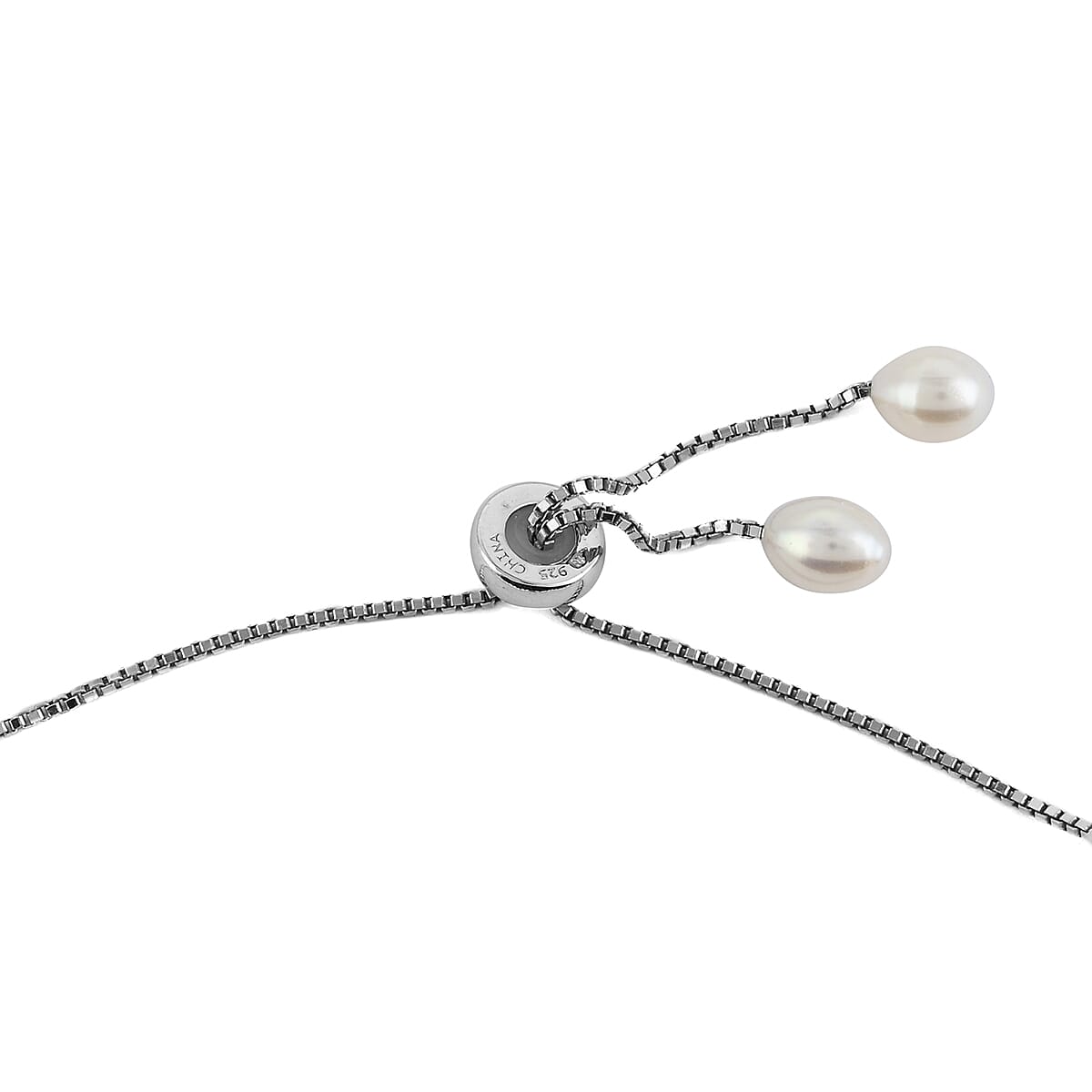 Pearl and Simulated Diamond Bolo Bracelet For Women in Rhodium Over Sterling Silver image number 2