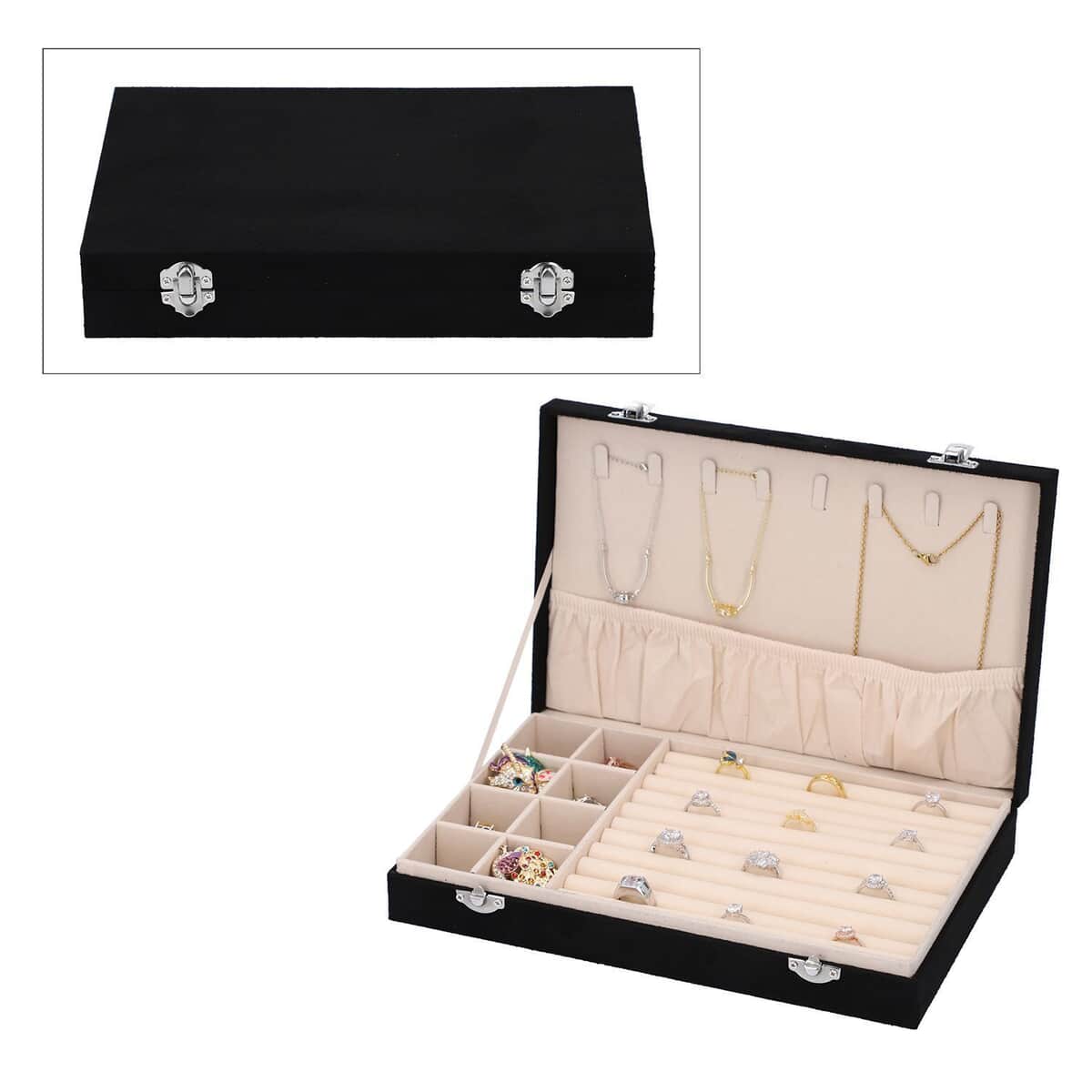 Black Velvet Jewelry Box with Anti Tarnish Lining & Lock (8 Necklace Hooks, 8 Earrings/Pendant Sections and Approx 10 Rings Slots) (11.4"x7.3"x2") image number 0