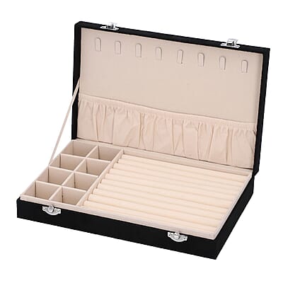 Black Velvet Jewelry Box with Anti Tarnish Lining & Lock, Anti Tarnish Jewelry Case, Jewelry Organizer, Jewelry Storage Box (8 Necklace Hooks, 8 Earrings/Pendant Sections and 10 Rings Slots)