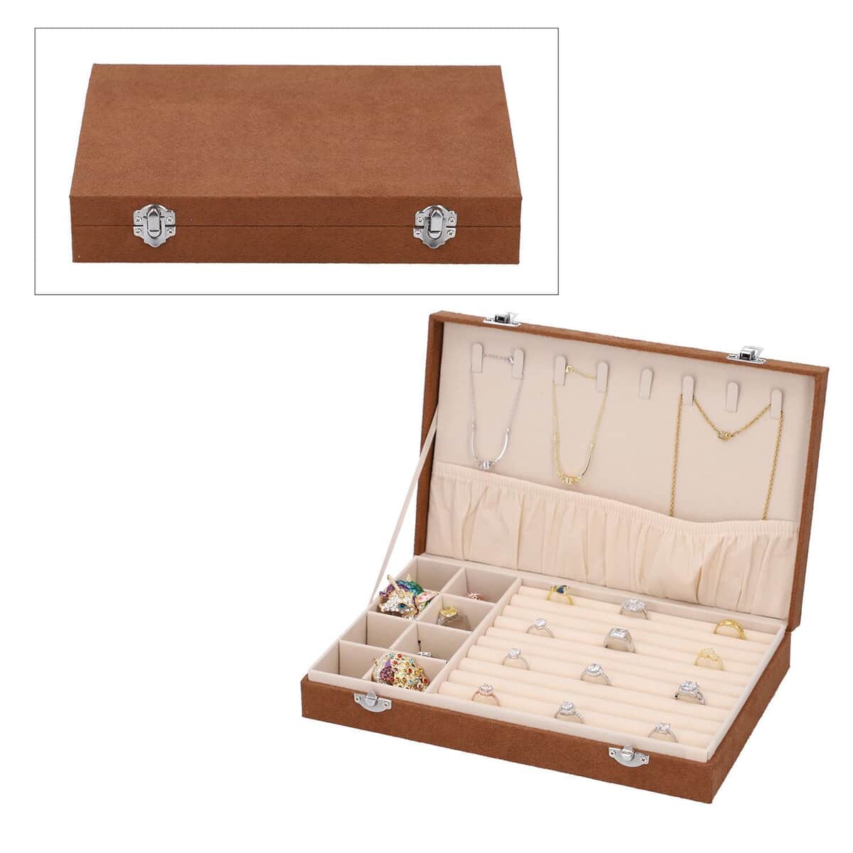 Brown Velvet Jewelry Box with Anti Tarnish Lining & Lock, Anti Tarnish Jewelry Case, Jewelry Organizer, Jewelry Storage Box (8 Necklace Hooks, 8 Earrings/Pendant Sections and 10 Rings Slots) image number 0