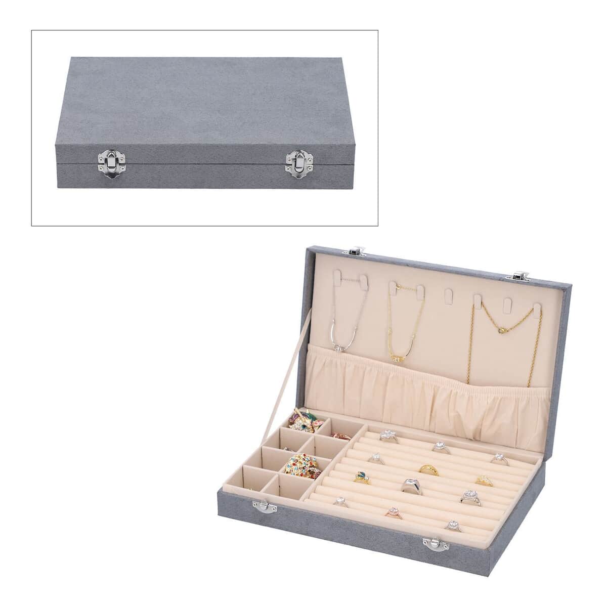 Gray Velvet Jewelry Box with Anti Tarnish Lining & Lock, Anti Tarnish Jewelry Case, Jewelry Organizer, Jewelry Storage Box (8 Necklace Hooks, 8 Earrings/Pendant Sections and 10 Rings Slots) image number 0