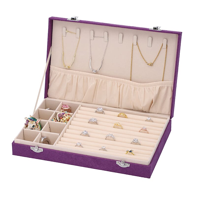 Purple Velvet Jewelry Box with Anti Tarnish Lining & Lock, Anti Tarnish Jewelry Case, Jewelry Organizer, Jewelry Storage Box (8 Necklace Hooks, 8 Earrings/Pendant Sections and 10 Rings Slots)