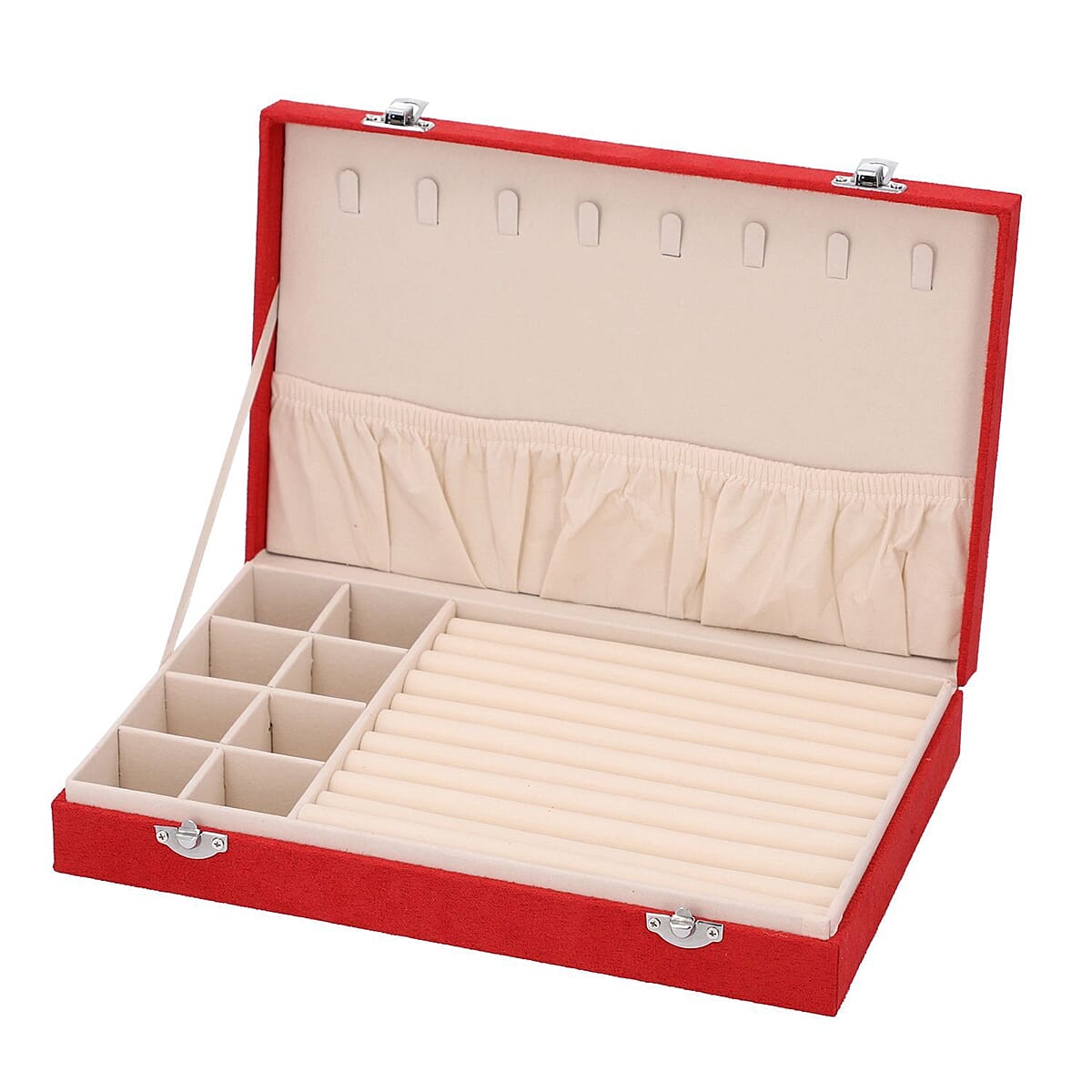 Coral Velvet Jewelry Box with Anti Tarnish Lining & Lock, Anti Tarnish Jewelry Case, Jewelry Organizer, Jewelry Storage Box (8 Necklace Hooks, 8 Earrings/Pendant Sections and 10 Rings Slots) image number 4