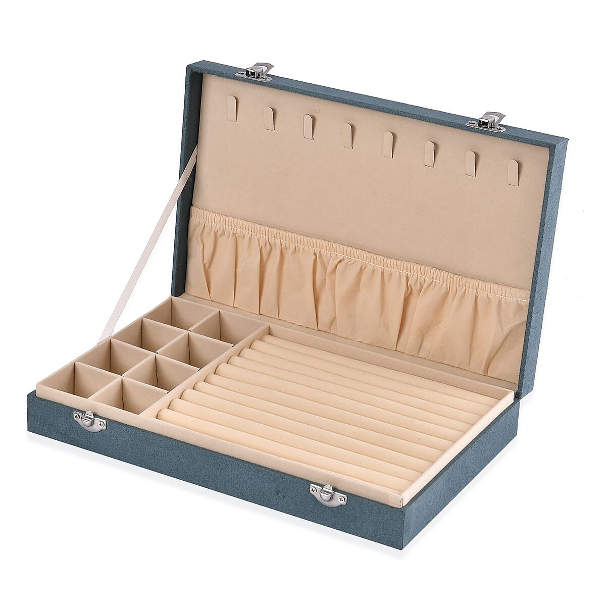 Teal Blue Velvet Jewelry Box with Anti Tarnish Lining & Lock, Anti Tarnish Jewelry Case, Jewelry Organizer, Jewelry Storage Box (8 Necklace Hooks, 8 Earrings/Pendant Sections and 10 Rings Slots) image number 5