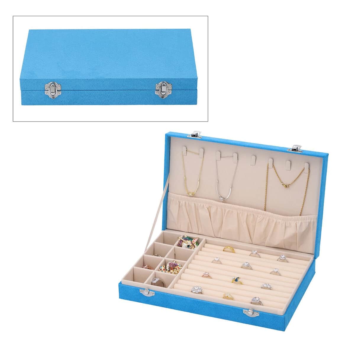 Turquoise Blue Velvet Jewelry Box with Anti Tarnish Lining & Lock, Anti Tarnish Jewelry Case, Jewelry Organizer, Jewelry Storage Box (8 Necklace Hooks, 8 Earrings/Pendant Sections and 10 Rings Slots) image number 0