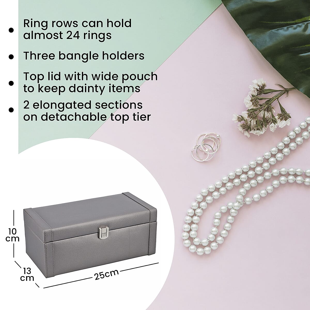 "PU Jewelry Boxes with multiple storage options Colour : Beige Size : 25(L)x13(W)x10(H) CM" image number 2
