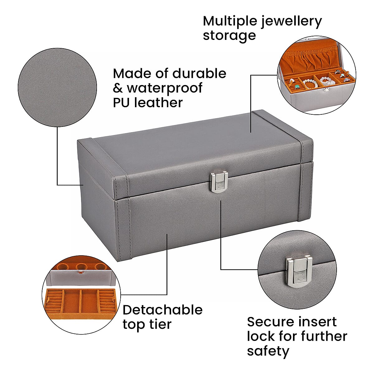 "PU Jewelry Boxes with multiple storage options Colour : Beige Size : 25(L)x13(W)x10(H) CM" image number 3