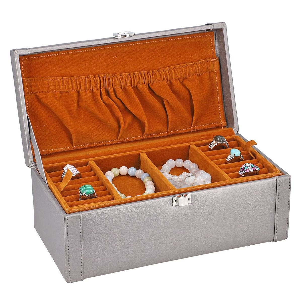 "PU Jewelry Boxes with multiple storage options Colour : Beige Size : 25(L)x13(W)x10(H) CM" image number 5