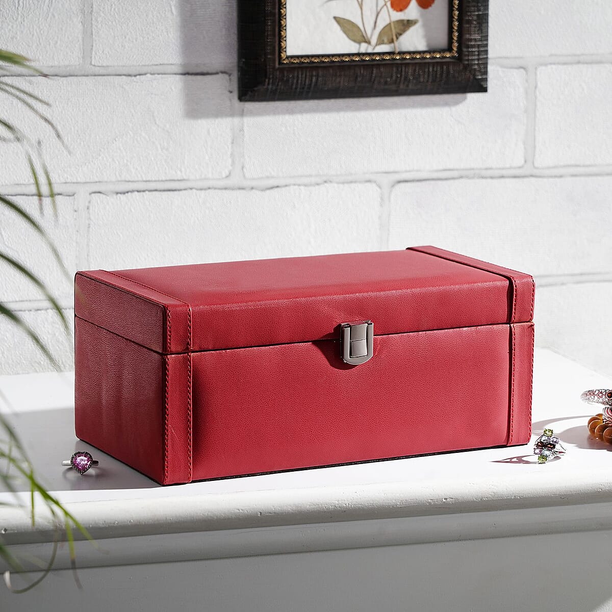 Maroon Color Faux Leather and Wooden Jewelry Box image number 1