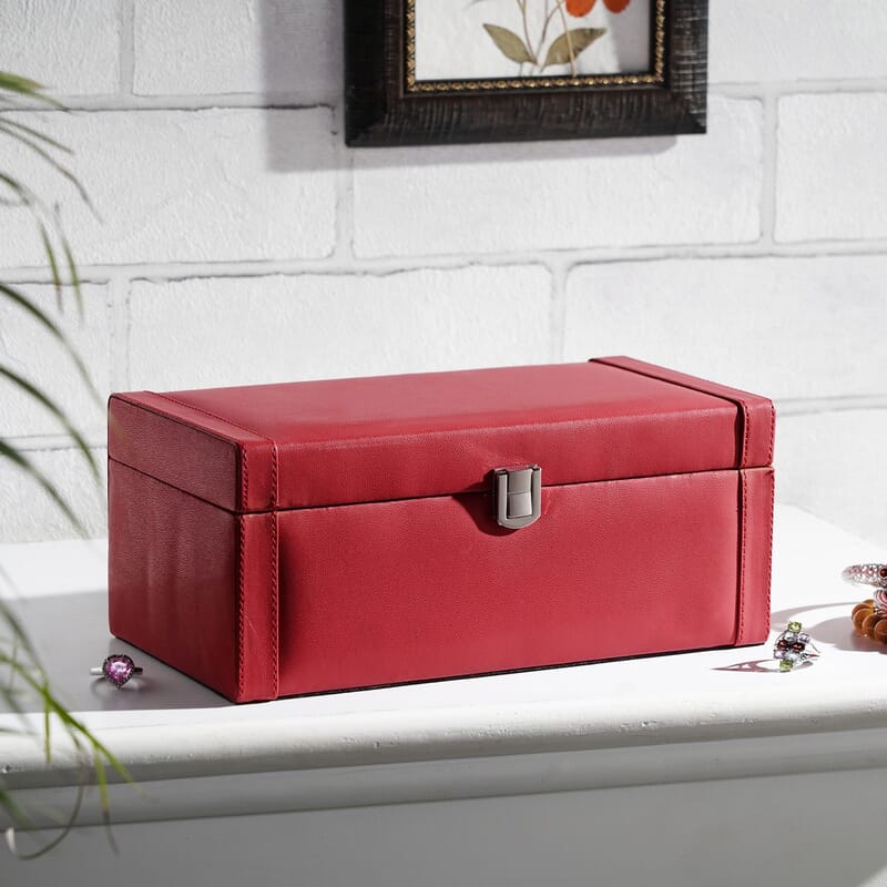 Maroon Color Faux Leather and Wooden Jewelry Box
