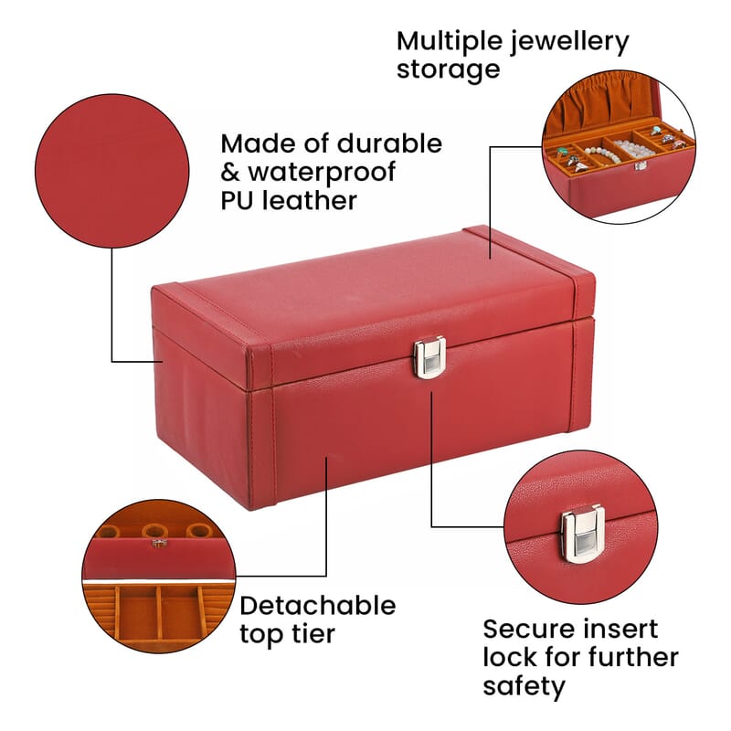 Maroon Color Faux Leather and Wooden Jewelry Box