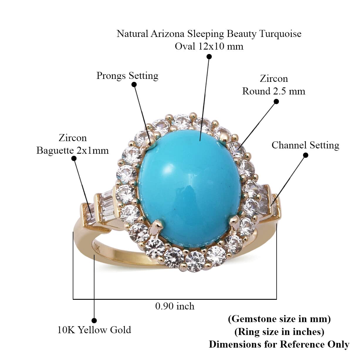 LUXORO 10K Yellow Gold AAA AMERICAN Natural Sleeping Beauty Turquoise and Natural White Zircon Halo Ring 5.65 ctw image number 4