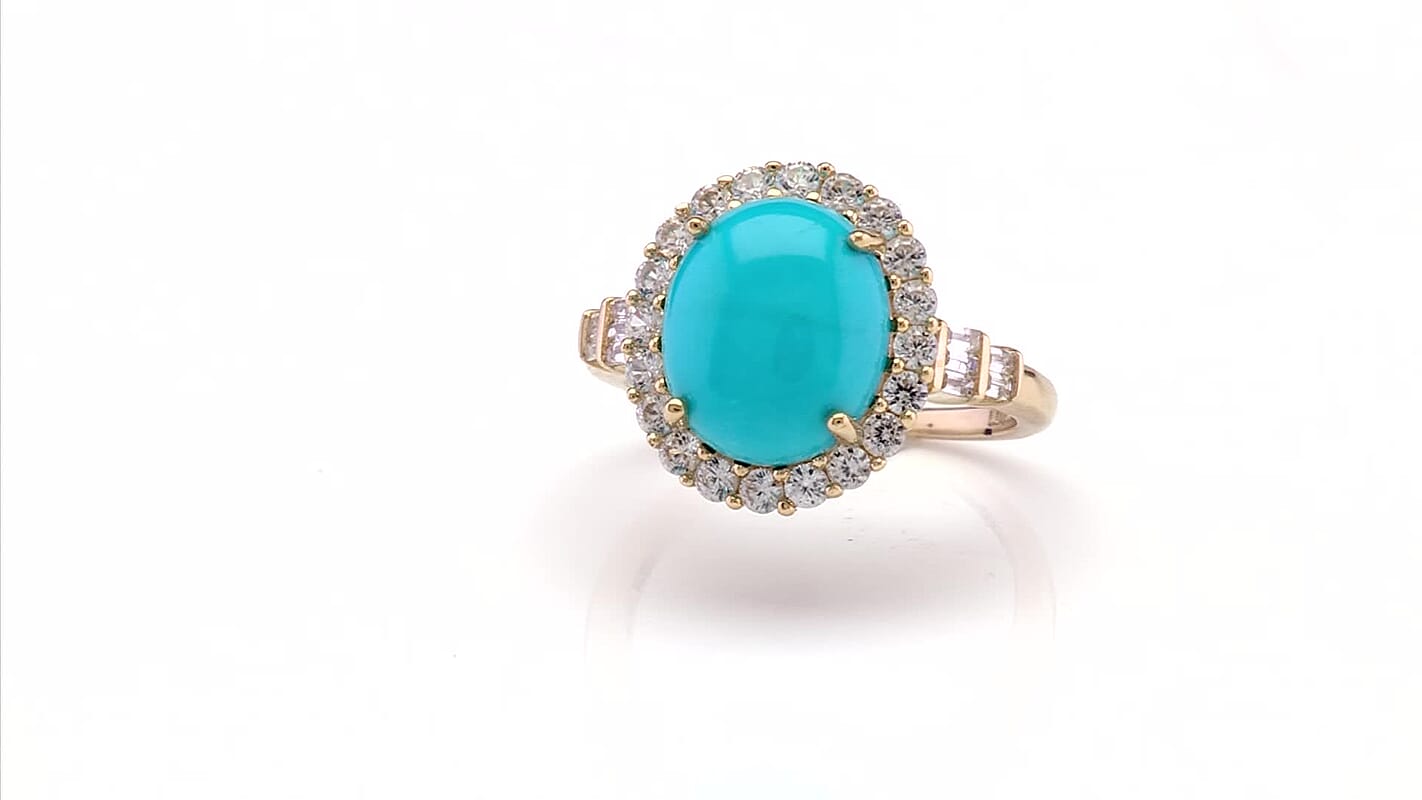 Luxoro AAA Sleeping Beauty Turquoise and White Zircon 5.65 ctw Halo Ring in 10K Yellow Gold