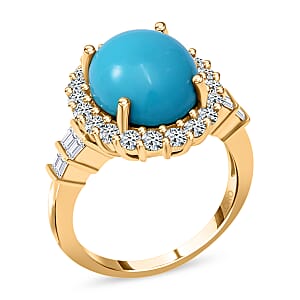 Luxoro AAA Sleeping Beauty Turquoise and White Zircon 5.65 ctw Halo Ring in 10K Yellow Gold (Size 7.0)