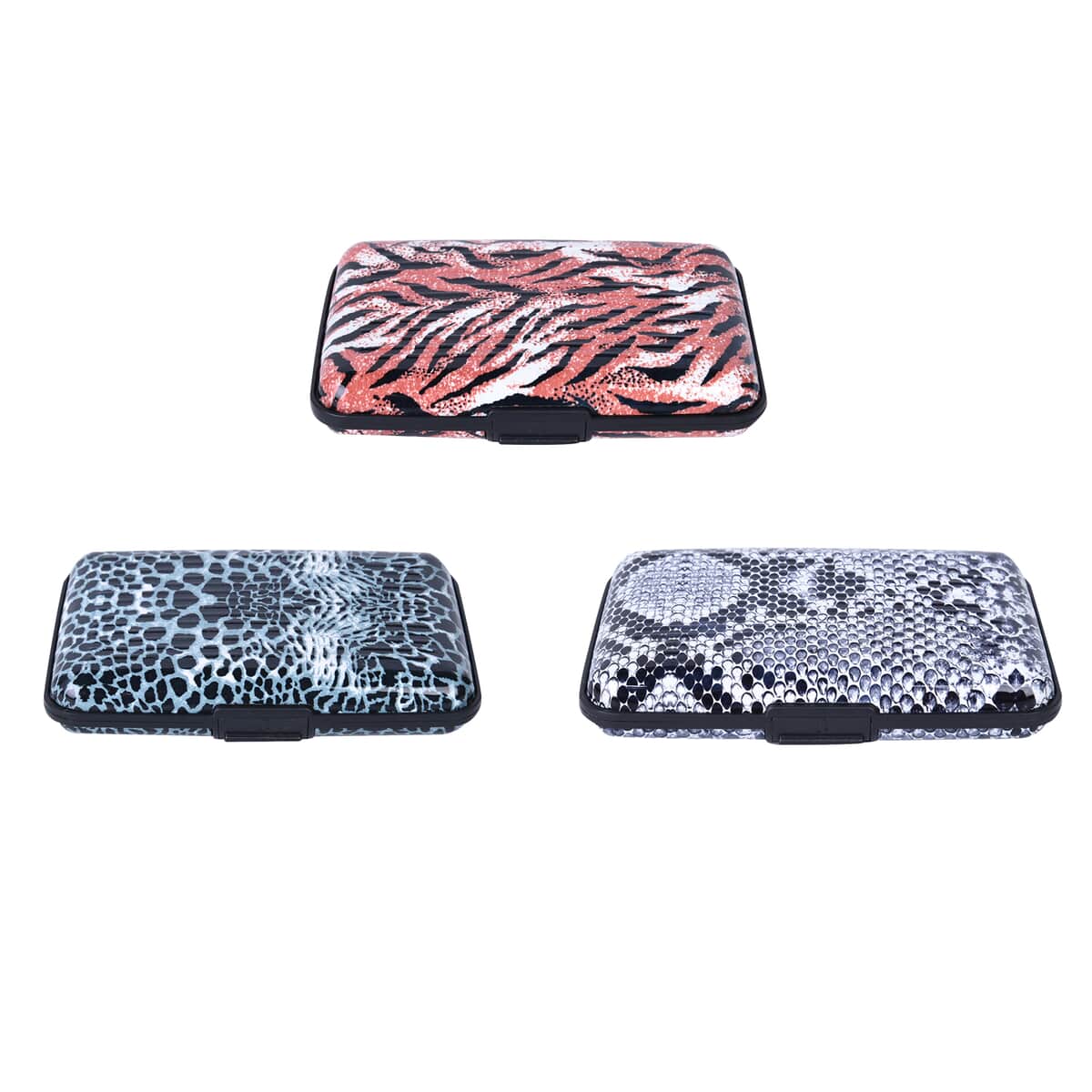 Set of 3 Black Leopard, Snake and Tiger Print Aluminum RFID Blocking Card Holder image number 0
