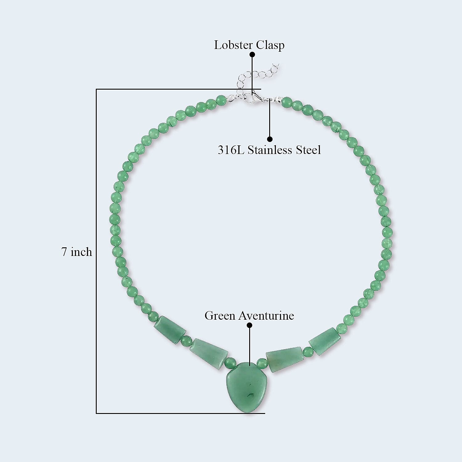 Green Aventurine Princess Necklace 18-20 Inches in Stainless Steel 196.50 ctw