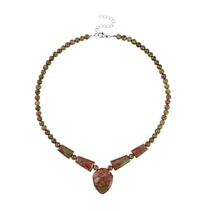 Indian Unakite Princess Necklace 18-20 Inches in Stainless Steel 205.70 ctw