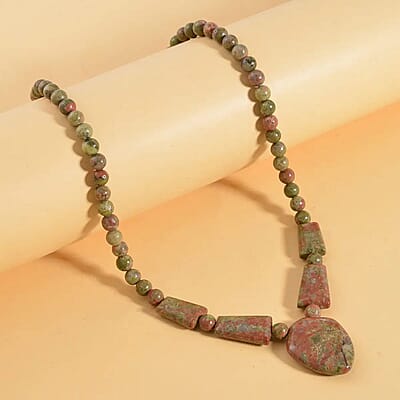 Indian Unakite Princess Necklace 18-20 Inches in Stainless Steel 205.70 ctw