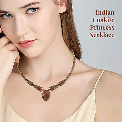 Indian Unakite Princess Necklace 18-20 Inches in Stainless Steel 205.70 ctw