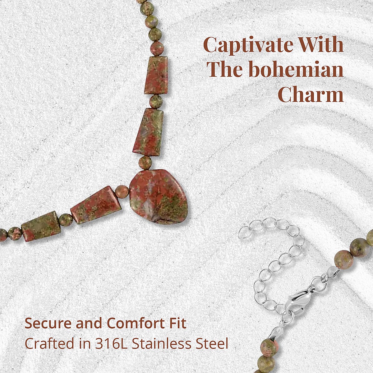 Indian Unakite Princess Necklace 18-20 Inches in Stainless Steel 205.70 ctw image number 3