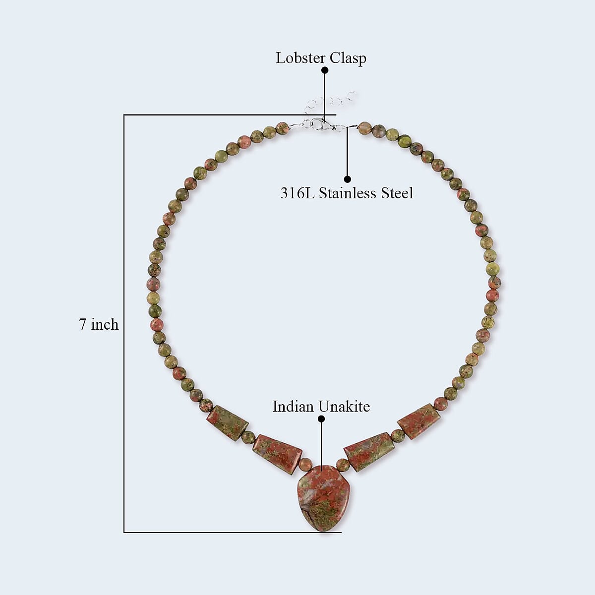 Indian Unakite Princess Necklace 18-20 Inches in Stainless Steel 205.70 ctw image number 4