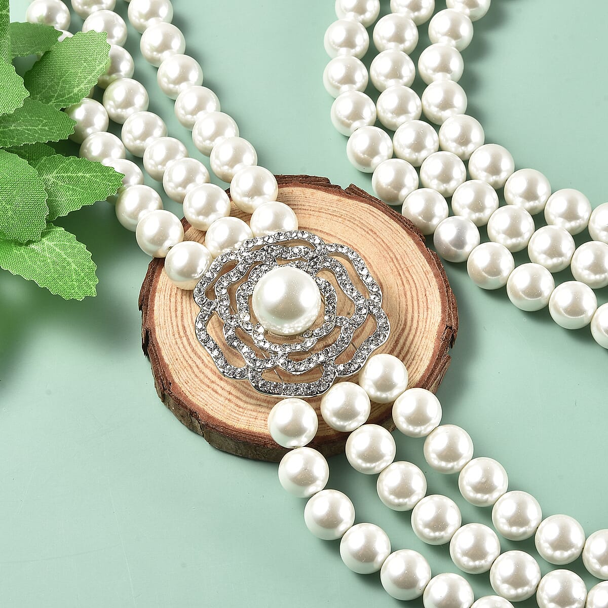 Simulated Pearl and White Austrian Crystal Multi Strand Necklace 20 Inches in Silvertone image number 1