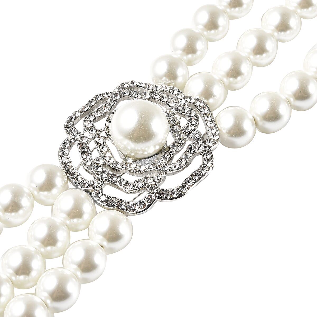 Simulated Pearl and White Austrian Crystal Multi Strand Necklace 20 Inches in Silvertone image number 2