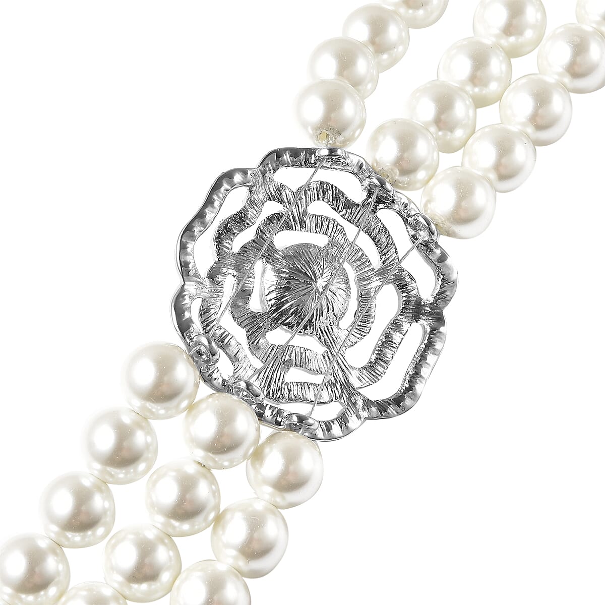 Simulated Pearl and White Austrian Crystal Multi Strand Necklace 20 Inches in Silvertone image number 3