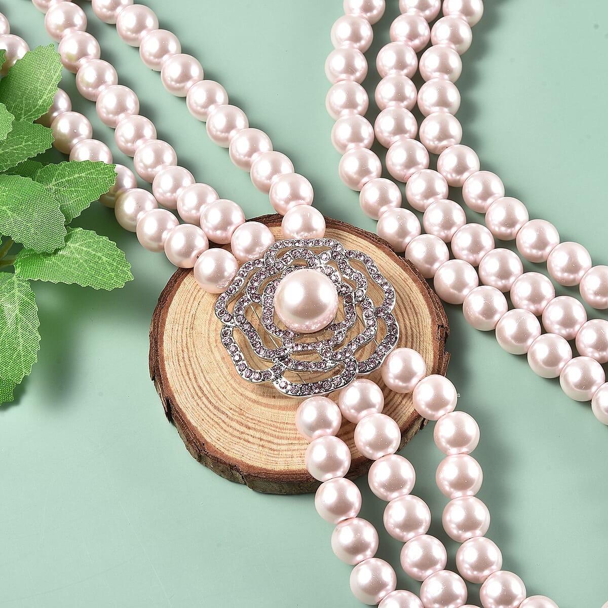 Simulated Pink Pearl and Pink Austrian Crystal Multi Strand Necklace 20 Inches in Silvertone image number 1