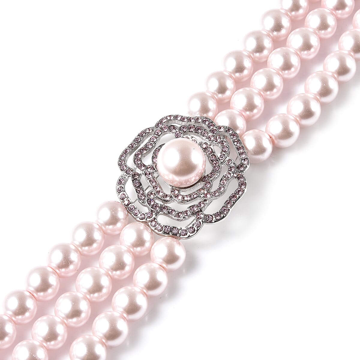 Simulated Pink Pearl and Pink Austrian Crystal Multi Strand Necklace 20 Inches in Silvertone image number 2