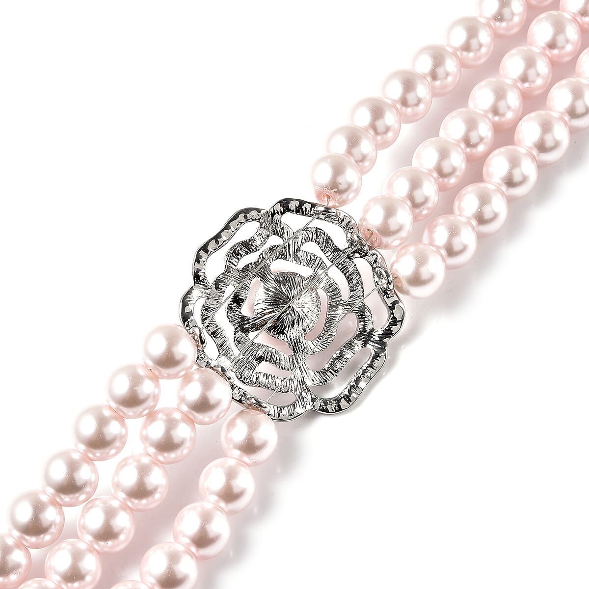 Simulated Pink Pearl and Pink Austrian Crystal Multi Strand Necklace 20 Inches in Silvertone image number 4