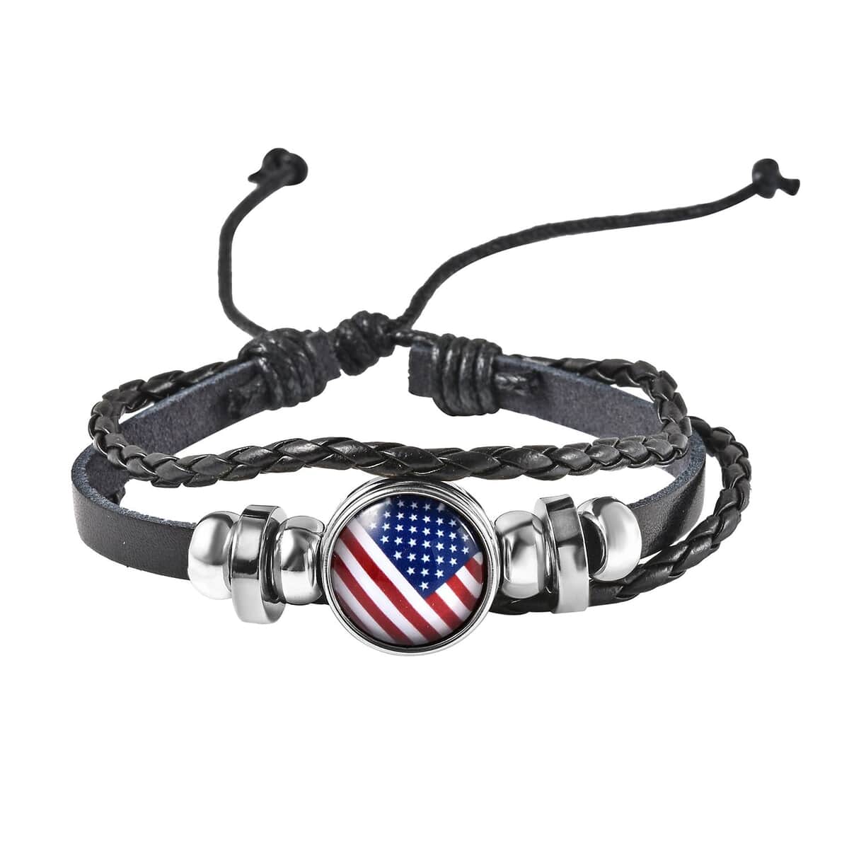 Glass Enameled American Flag, Faux Leather Multi Strand Bracelet in Silvertone (7.00 In) image number 0
