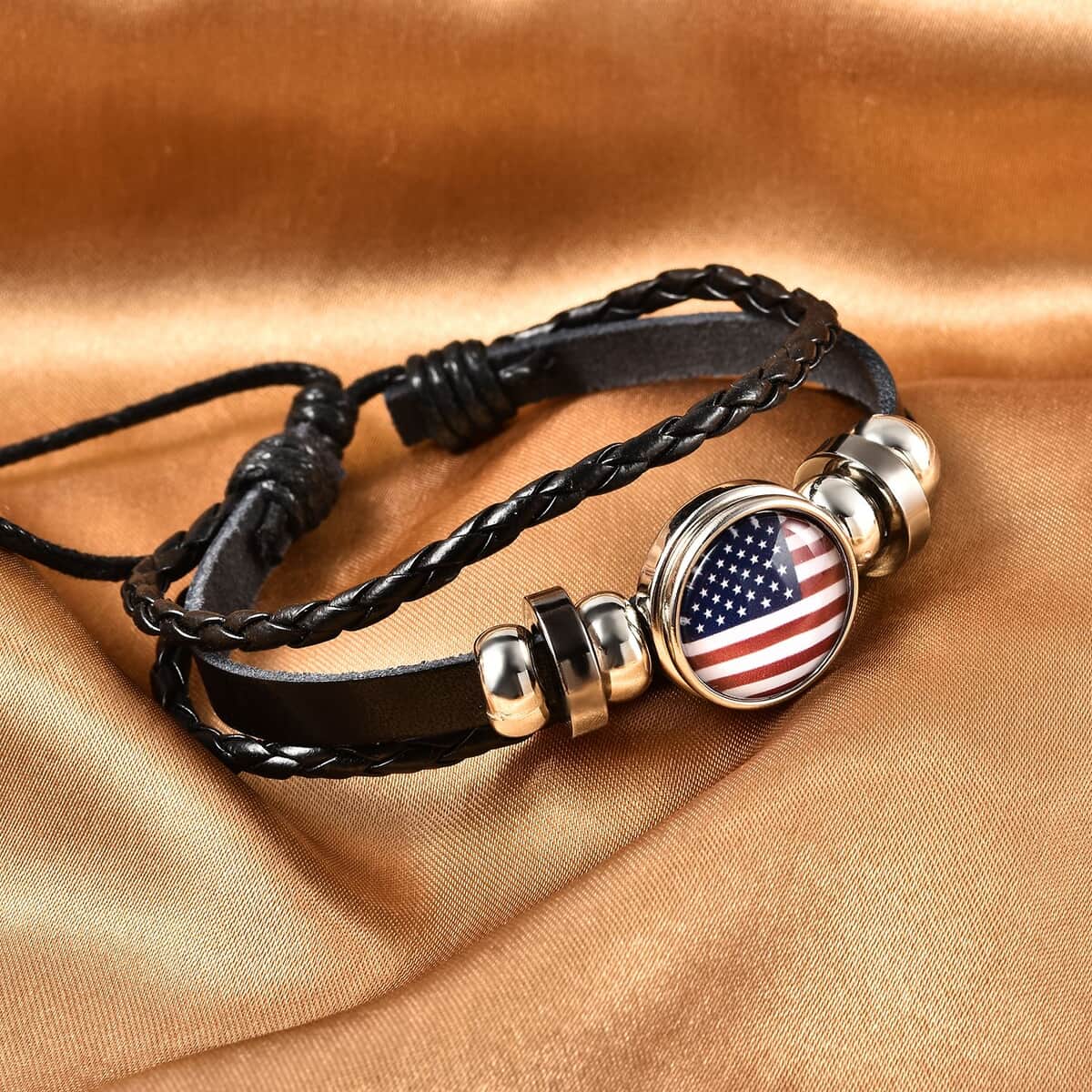 Glass Enameled American Flag, Faux Leather Multi Strand Bracelet in Silvertone (7.00 In) image number 1