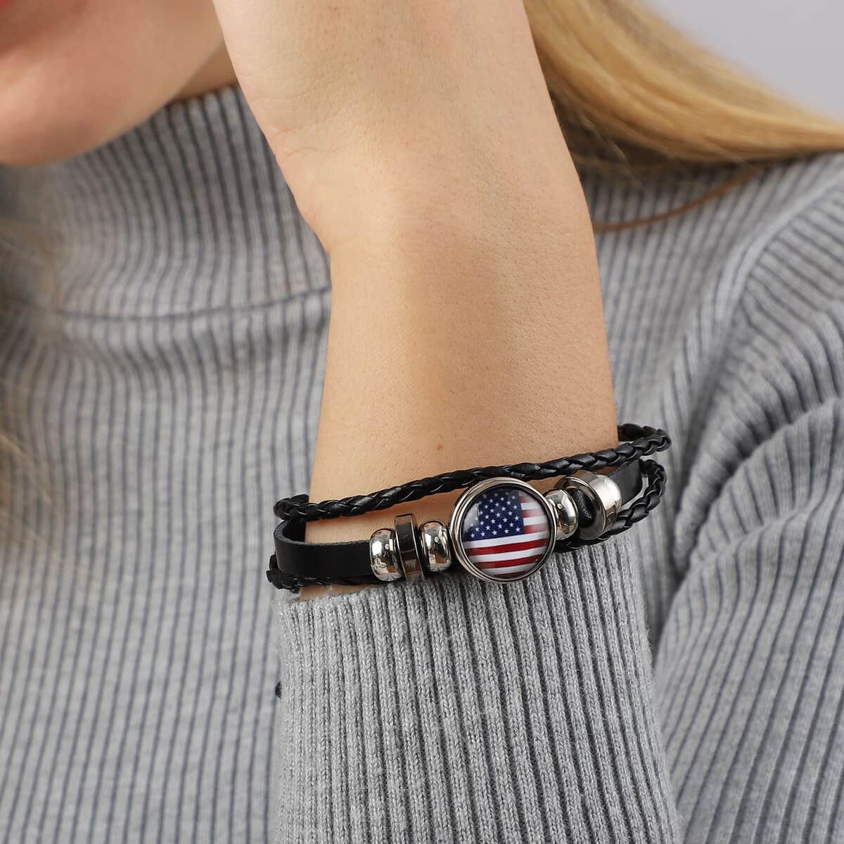 Glass Enameled American Flag, Faux Leather Multi Strand Bracelet in Silvertone (7.00 In) image number 2