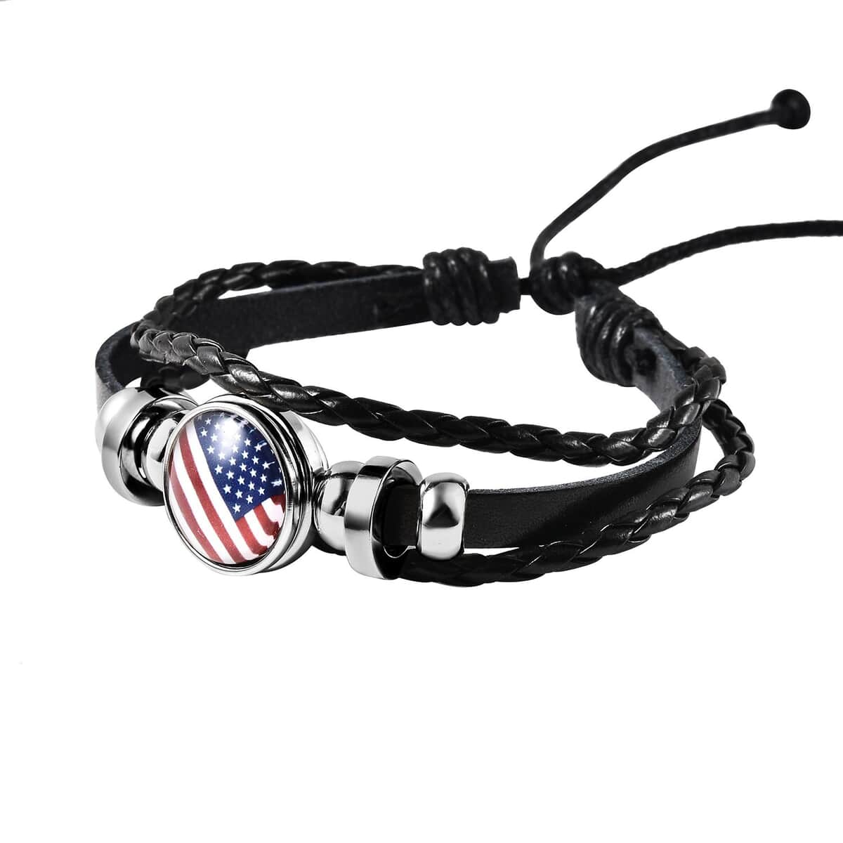 Glass Enameled American Flag, Faux Leather Multi Strand Bracelet in Silvertone (7.00 In) image number 3