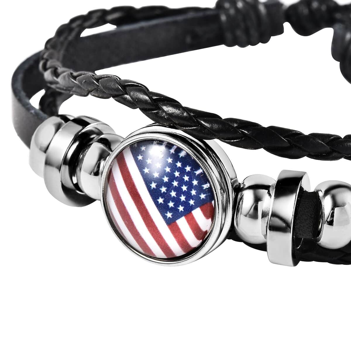 Glass Enameled American Flag, Faux Leather Multi Strand Bracelet in Silvertone (7.00 In) image number 5
