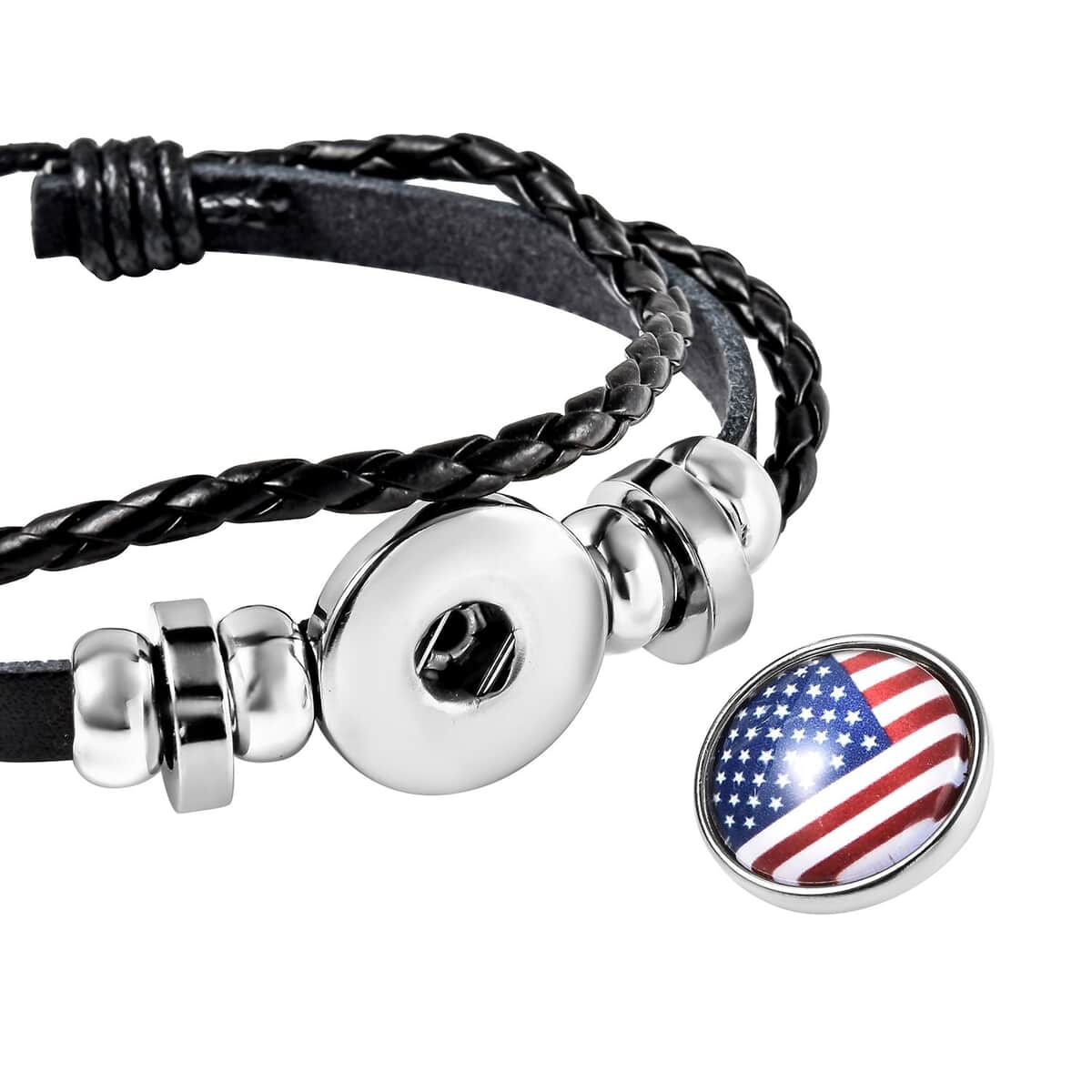 Glass Enameled American Flag, Faux Leather Multi Strand Bracelet in Silvertone (7.00 In) image number 6