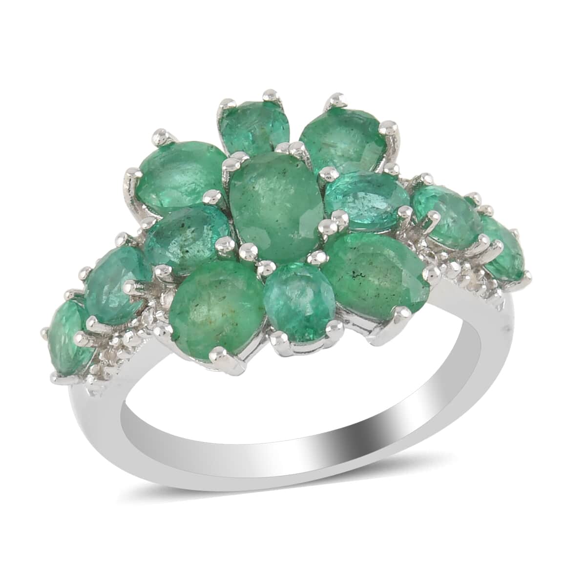 AAA Kagem Zambian Intense Green Emerald and Natural White Zircon Ring in Rhodium Over Sterling Silver 3.15 ctw image number 0